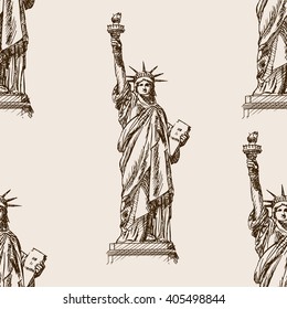 Statue of Liberty sketch style seamless pattern vector illustration. Old engraving imitation. Statue of Liberty landmark hand drawn sketch imitation