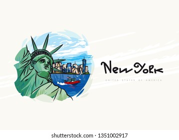 Statue of Liberty and the Skyline of Manhattan, New York City, United States. Coast Guard patrol boat rushing. Flag