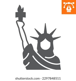 Estatua de la libertad icono sólido, ícono estilo glifo para sitio web o aplicación móvil, día de la independencia y EE.UU., icono del vector de estatua estadounidense, ilustración simple vectorial, gráficos vectoriales con trazos editables.