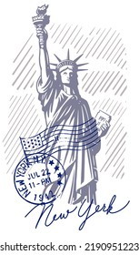 Statue of Liberty with stamps vector. New York