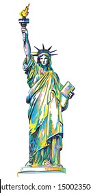 
Statue of Liberty. Stylish multi-colored drawing with markers, pop art. America's famous place, symbol.