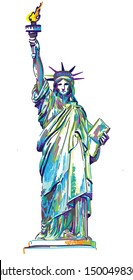 Statue of Liberty. Stylish multi-colored drawing with markers, pop art. America's famous place, symbol.