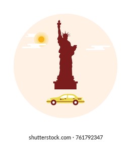 Statue of Liberty, sun, clouds and taxi. New York landmark. American symbols.