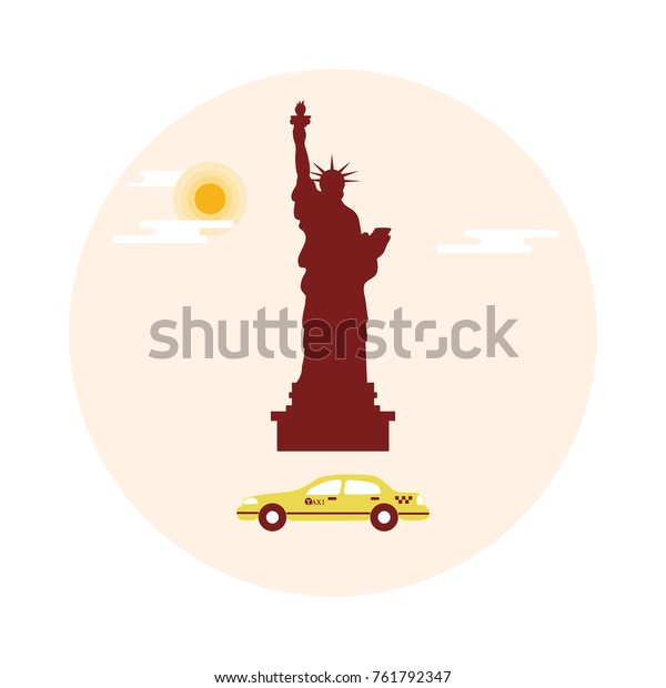 Statue of Liberty, sun, clouds and taxi. New\
York landmark. American\
symbols.