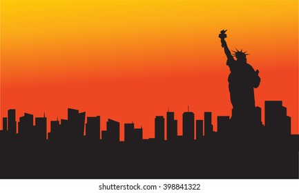 The Statue of Liberty at sunset with orange background