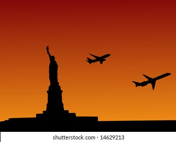Statue of Liberty at sunset with planes departing illustration