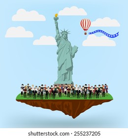 Statue of Liberty surrounded by a crowd of people on a green island in the sky flying balloon