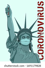 The statue of liberty, a symbol of American freedom, put on a mask so that it would not get infected with the virus, against the backdrop of a global epidemic, holding a disinfectant