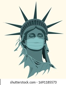 The Statue of Liberty, a symbol of American freedom and independence, put on a mask so that it would not become infected with the virus, against the backdrop of a global epidemic, vector illustration.