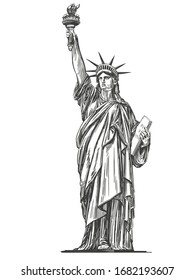 statue of liberty, symbol of freedom and democracy in the United States of America, architectural landmark hand drawn vector illustration sketch isolated on a white background