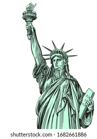 statue of liberty, symbol of freedom and democracy in the United States of America, architectural landmark hand drawn vector illustration sketch isolated on a white background