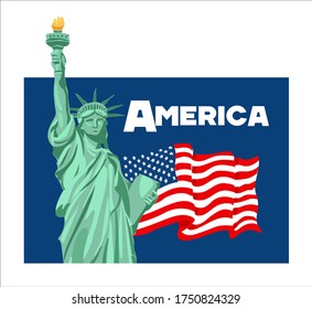 Statue of Liberty, symbol of New York, USA, USA flag on a blue background. Vector illustration