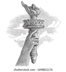 Statue Liberty torch engraving style illustration  Vector  Sky in separate layer  