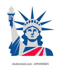 A statue of liberty with a torch in her right hand. The statue is blue and white. Concept of freedom and patriotism