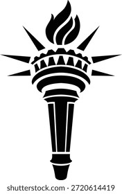 Freiheitsstatue Fackel-Vektorsymbol, minimalistische schwarze Silhouette der Freiheit Flamme und Kronemblem