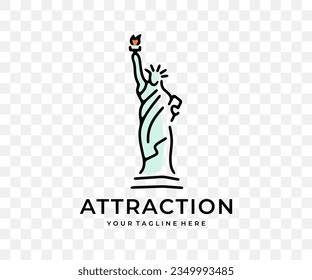 Statue of liberty, tourist attraction, travel and tourism, colored graphic design. Vacation, landmark, tour tourism, architecture and sightseeing, vector design and illustration