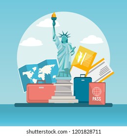 statue of liberty trabel with baggage and passport