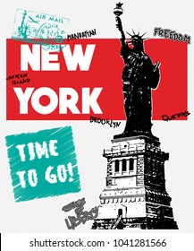 Statue of Liberty and Typography slogan, vector for t shirt printing and embroidery, Graphic tee and printed tee Vector de stock