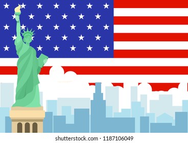 Statue of Liberty with United State of America flag in flat design.