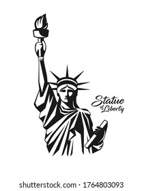 Statue of liberty from United States of america, black and white design isolated on white background, vector illustration