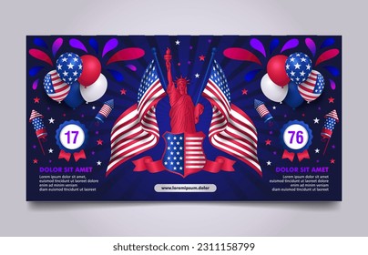 Statue of Liberty, US flag. celebration of 4th of July, USA Independence Day banner design