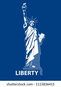 Statue of Liberty USA, 2018, poster. Blue Linear Image. National Symbol of America. Illustration, dark blue background. Use presentations, corporate reports, emblems, labels, logo, inscription, vector