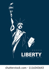 Statue of Liberty USA, 2018, poster. Blue Linear Image. National Symbol of America. Illustration, dark blue background. Use presentations, corporate reports, emblems, labels, logo, inscription, vector