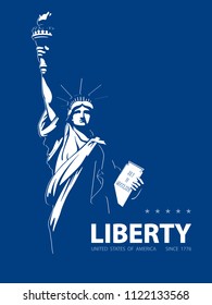 Statue of Liberty USA, 2018, poster. Blue Linear Image. National Symbol of America. Illustration, dark blue background. Use presentations, corporate reports, emblems, labels, logo, inscription, vector