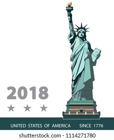 Statue of Liberty USA, 2018,poster. Blue Linear Picture.National Symbol of America. Illustration, white, background. Use presentations,corporate reports, text, emblems, labels,logo, inscription,vector