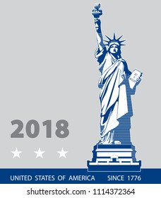 Statue of Liberty USA, 2018,poster. Blue Linear Picture.National Symbol of America. Illustration,gray, background. Use presentations,corporate reports, text, emblems, labels,logo, inscription,vector
