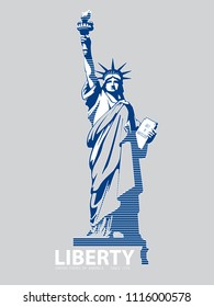 Statue of Liberty USA, 2018,poster. Blue Linear Picture.National Symbol of America. Illustration,gray, background. Use presentations,corporate reports, text, emblems, labels,logo, inscription,vector
