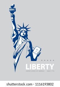 Statue of Liberty USA, 2018,poster. Blue Linear Picture.National Symbol of America. Illustration,gray, background. Use presentations,corporate reports, text, emblems, labels,logo, inscription,vector