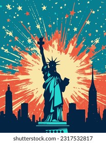 Statue of Liberty, USA, America, New York. Poster in retro style. Holiday 4th July Independence Day.