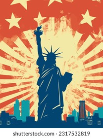 Statue of Liberty, USA, America, New York. Poster in retro style. Holiday 4th July Independence Day.