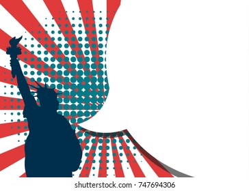 Statue of Liberty and USA flag. National patriotic holiday. State celebration. retro rays background