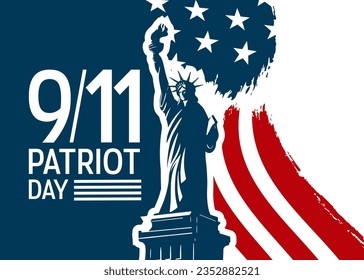 Statue of Liberty and USA National Flag on a banner template to memorial events. 9 September, Patriot or Remembrance Day concept. Vector illustration.