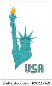 Statue of liberty USA national symbol illustration, woman with rising hand and burning flame in torch, abstract crown hat on world famous monument
