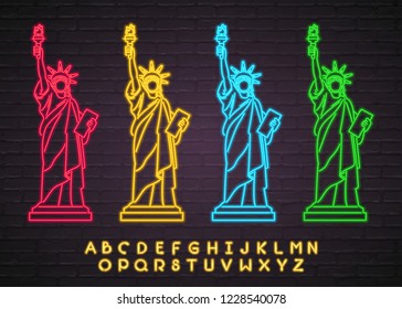 Statue of Liberty USA New York Icon Neon Light Glowing Vector Illustration with Yellow Color Bright