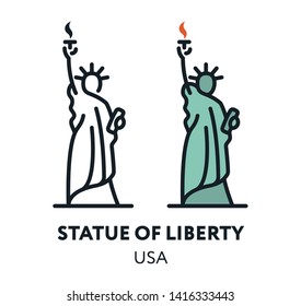 Statue Of Liberty. USA New York City Landmark Sight. Vector Flat Line Icon Illustration.