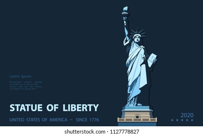 Statue of Liberty USA, poster. 2020. Creative Blue Linear Picture. National Symbol of America. Illustration, black background. Use presentations,corporate reports, text, emblems, labels, logo, vector