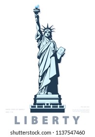 Statue of Liberty USA, poster. 2020. Creative Blue Linear Picture. National Symbol of America. Illustration white background. Use presentations,corporate reports, text, emblems, labels, logo,vector