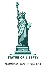 Statue of Liberty USA, poster. 2020. Creative green Linear Picture. National Symbol of America. Illustration white background. Use presentations, corporate reports, text, emblems, labels, logo, vector