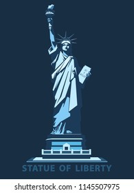 Statue of Liberty. USA, poster. 2020. Creative Blue Linear Picture. National Symbol of America. Illustration, dark background. Use presentations,corporate reports, text, emblems, labels, logo,vector
