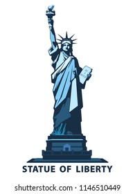 Statue of Liberty USA, poster. 2020. Creative Blue Linear Picture. National Symbol of America. Illustration white background. Use presentations, corporate reports, text, emblems, labels, logo, vector