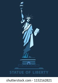 Statue of Liberty USA, poster. 2020. Creative Blue Linear Picture. National Symbol of America. Illustration, dark background. Use presentations,corporate reports, text, emblems, labels, logo,vector