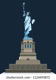 Statue of Liberty USA, poster. Blue Linear Picture. National Symbol of America. Illustration, black background. Use presentations, corporate reports, text, emblems, labels, logo, stripes, vector