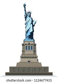 Statue of Liberty USA, poster. Blue Linear Picture. National Symbol of America. Illustration, white background. Use presentations, corporate reports, text, emblems, labels, logo, stripes, vector