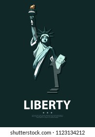 Statue of Liberty USA, poster. Creative Green Linear Picture. National Symbol of America. Illustration, dark background. Use presentations, corporate reports, text, emblems, labels, logo, stripes,vect