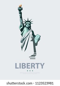 Statue of Liberty USA, poster. Creative Green Linear Picture. National Symbol of America. Illustration, gray background. Use presentations, corporate reports, text, emblems, labels, logo, stripes,vect