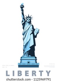 Statue of Liberty USA, poster. Creative Blue Linear Picture. National Symbol of America. Illustration, white background. Use presentations, corporate reports, text, emblems, labels, logo, stripes, vec